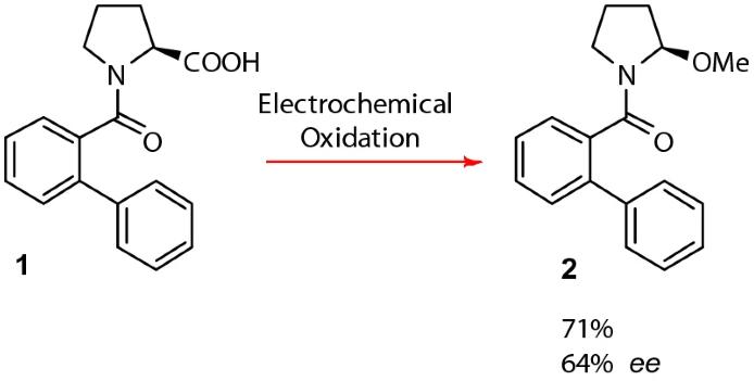 （[1，1'-联苯] -2-羰基）-1-脯氨酸（1）的电化学氧化为脯氨酸衍生物（R）-[1,1'-联苯] -2-基（2-甲氧基吡咯烷-1- yl）甲酮（2）