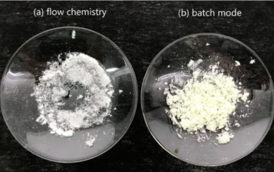 ( a ) 流动化学和 ( b ) 分批模式生产的 TNT 。流动化学样品为白色，而批处理模式样品因杂质而呈黄色。